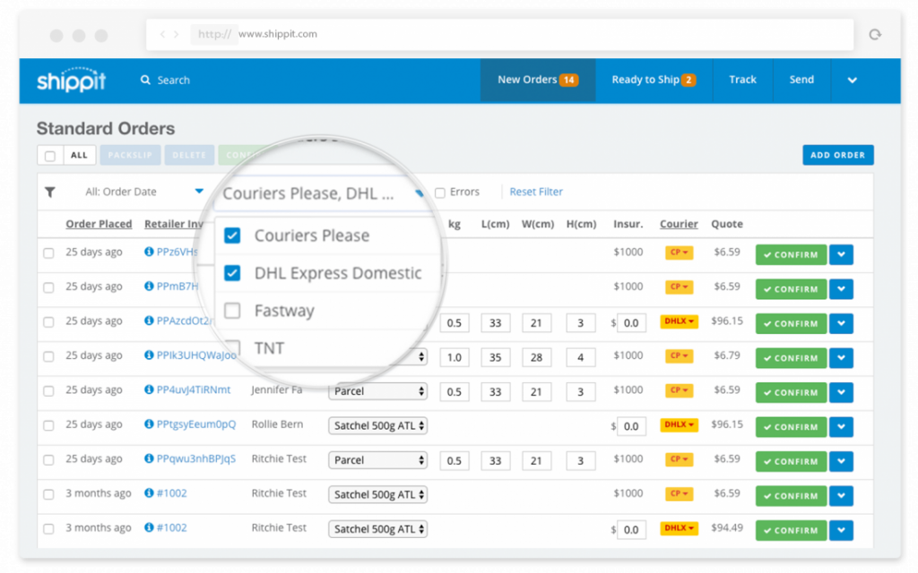 Courier filtering in Shippit